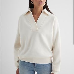 Express Relaxed V Nexk Banded Polo Sweatshirt XS Swan